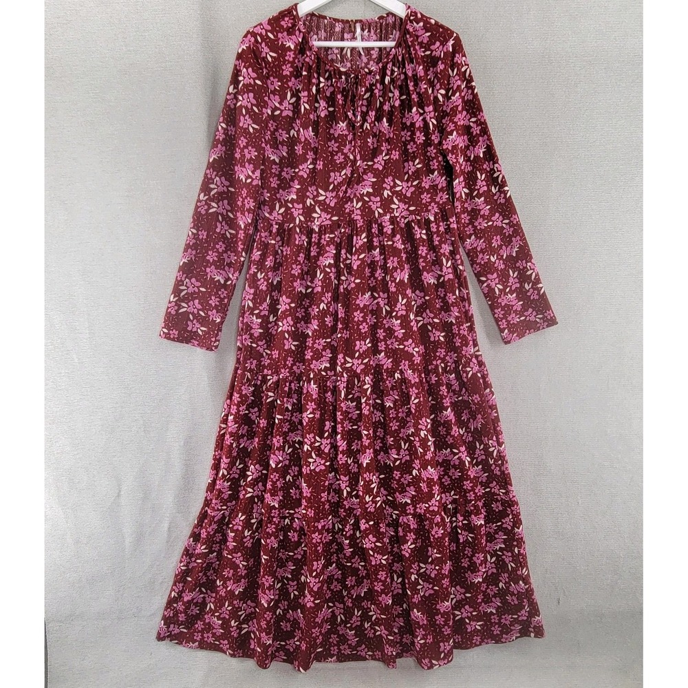 Free People Womens Dress Tiers Of Joy Burgundy Floral Maxi Size Large Prairie